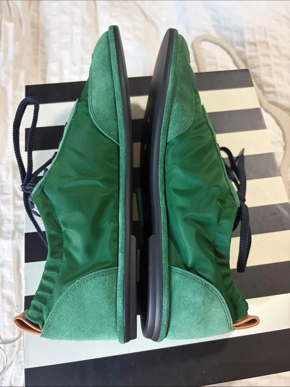 Tory Burch Green Canvas & Suede Lace-Up Flats